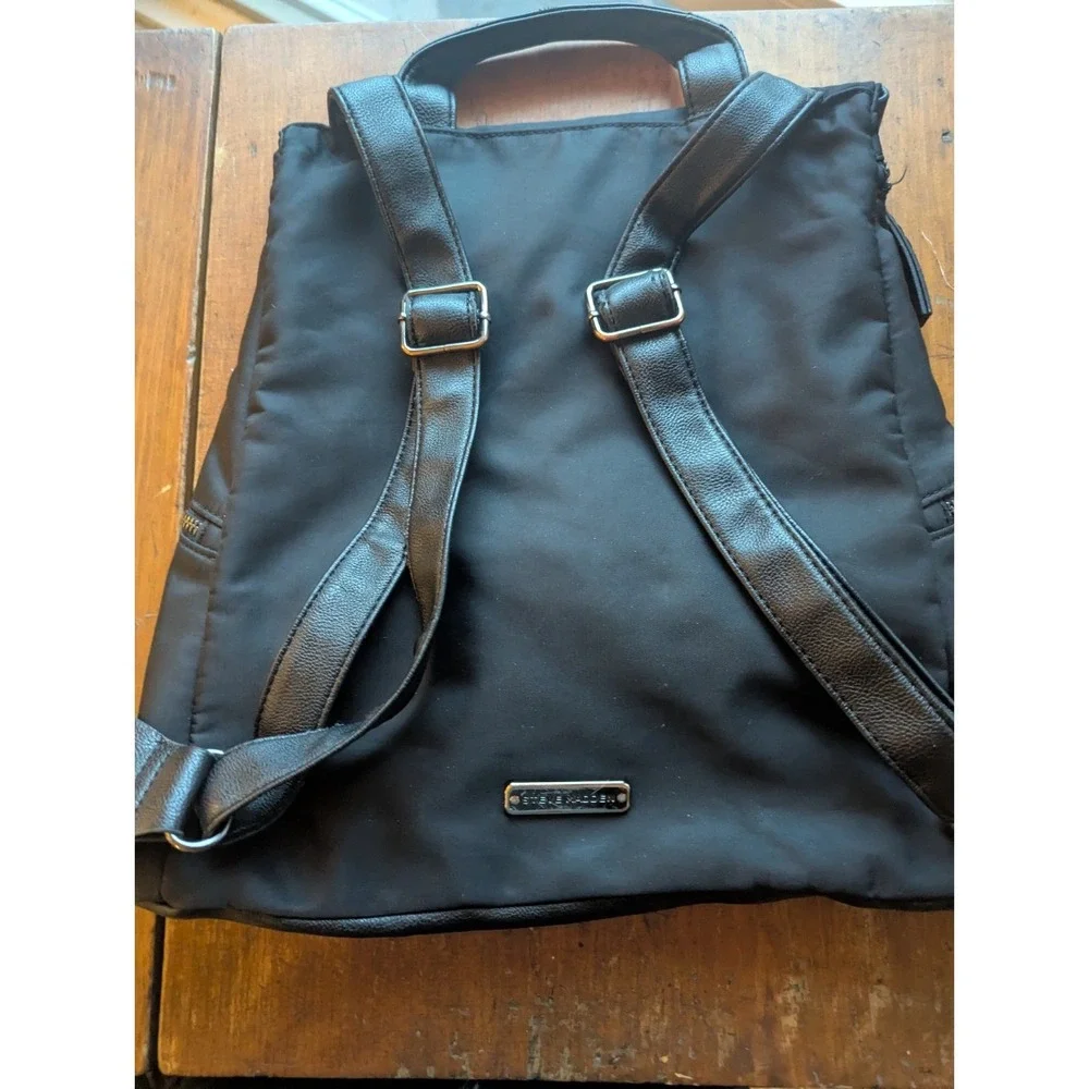 Steve Madden Black Nylon Faux leather Backpack Bag    Lining In Stripes
